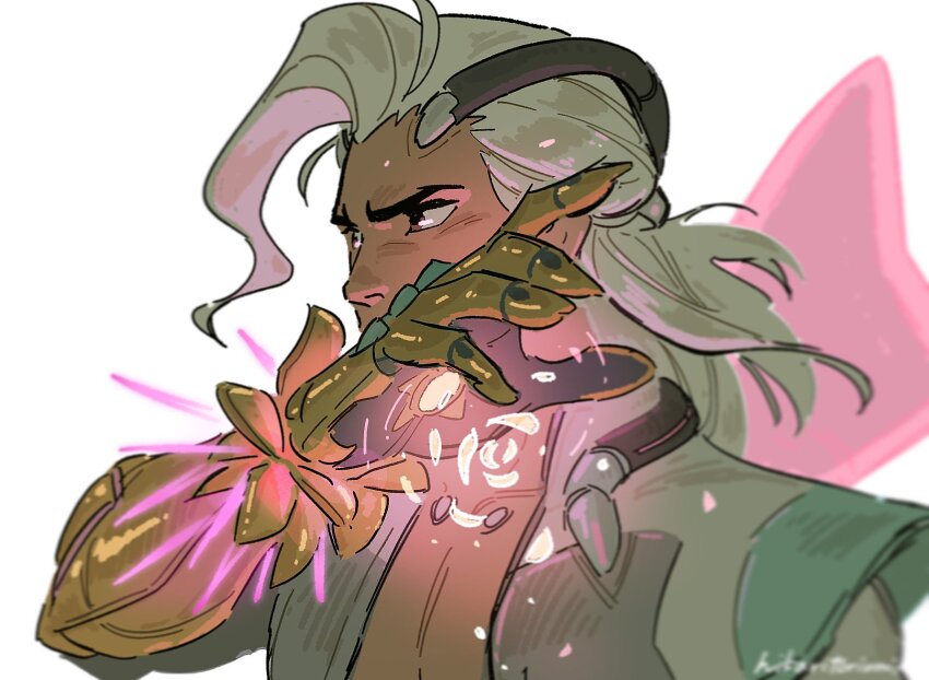 1boy armor brown_eyes collared_shirt commentary covered_mouth covering_own_mouth dark-skinned_male dark_skin english_commentary from_side furrowed_brow gauntlets gold_armor highres hikari_toriumi lifeweaver_(overwatch) long_hair looking_ahead male_focus overwatch overwatch_2 shirt simple_background solo upper_body white_background white_hair white_shirt