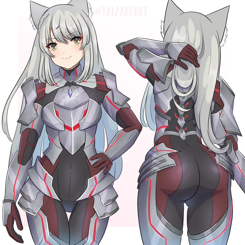 1girl animal_ear_fluff animal_ears armor artist_name ass black_bodysuit bodysuit cat_ears closed_mouth commentary covered_navel english_commentary eyelashes grey_hair hand_on_own_hip highres long_hair m_(xenoblade) multiple_views red_bodysuit shoulder_armor simple_background smile twitter_username two-tone_bodysuit white_background xenoblade_chronicles_(series) xenoblade_chronicles_3 yaizaberry yellow_eyes