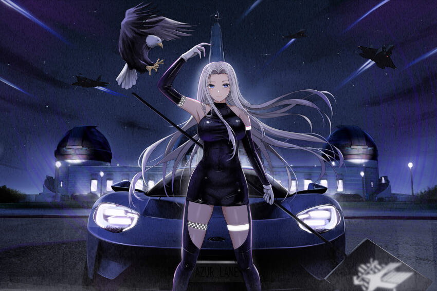 1girl absurdres alternate_costume azur_lane bald_eagle bird black_dress blue_eyes breasts detached_sleeves dress eagle eagle_union_(emblem) f-22_raptor gloves highres holding kcar66t large_breasts long_hair looking_at_viewer night outdoors race_queen short_dress skin_tight solo standing vehicle_request very_long_hair white_gloves white_hair yorktown_(azur_lane)