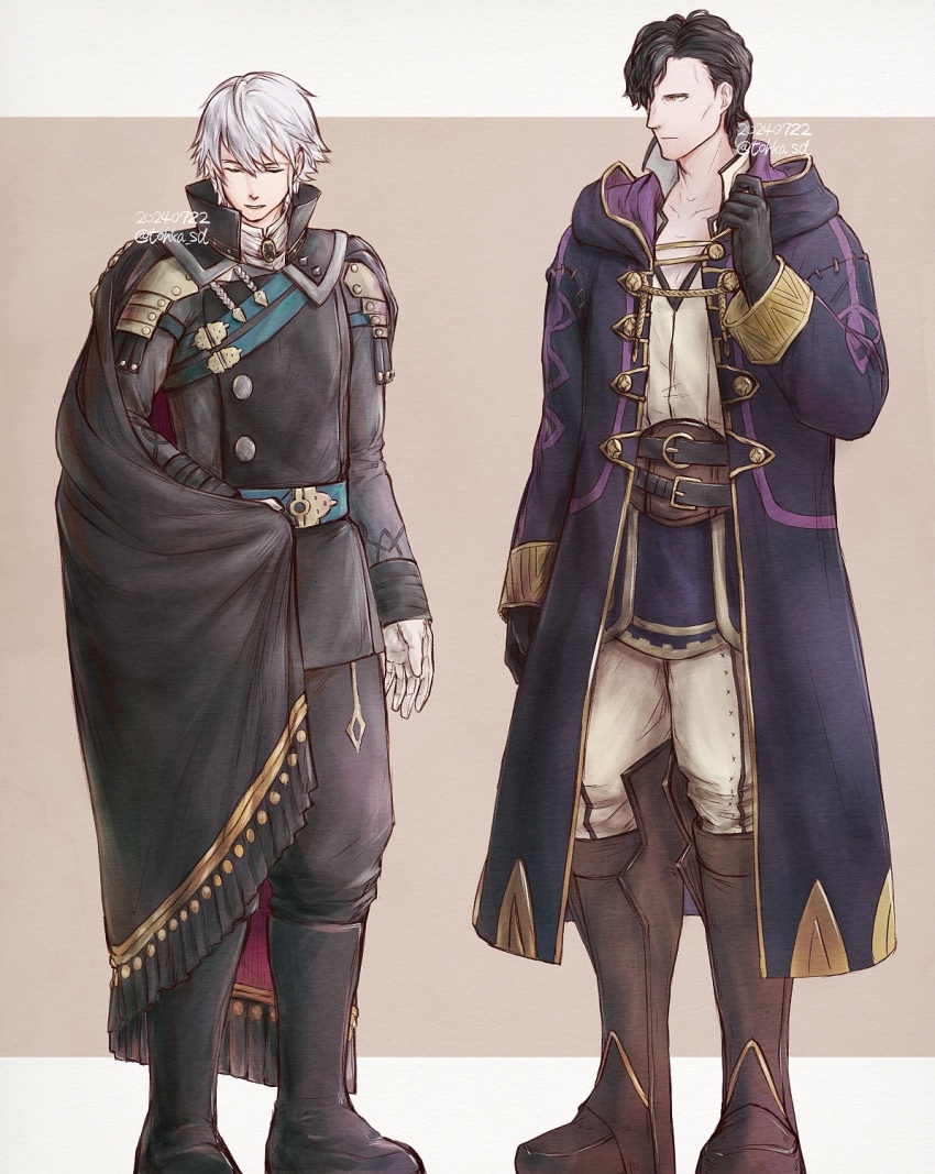 2boys alternate_costume black_boots black_cape black_gloves black_hair black_pants black_robe black_shirt boots brown_boots cape commentary_request cosplay costume_switch fire_emblem fire_emblem:_three_houses fire_emblem_awakening full_body gloves hair_over_one_eye highres hooded_robe hubert_von_vestra hubert_von_vestra_(cosplay) hubert_von_vestra_(timeskip) knee_boots looking_at_another male_focus male_robin_(fire_emblem) male_robin_(fire_emblem)_(cosplay) multiple_boys nintendo open_clothes open_robe pants robe shirt short_hair standing tohka_sd white_hair white_pants white_shirt