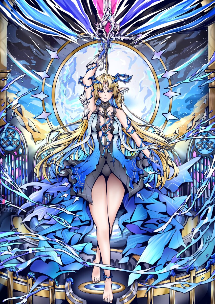 1girl arm_up bare_legs bare_shoulders barefoot black_collar black_dress blonde_hair blue_eyes blue_hair breasts collar colored_inner_hair commentary crown_of_thorns dress earrings feet fleurdelys_(wuthering_waves) full_body highres holding holding_sword holding_weapon horns jewelry large_breasts legs long_hair long_horns looking_at_viewer multicolored_hair necklace panosarts parted_lips pointy_ears sidelocks single_horn solo sword tabard tacet_mark_(wuthering_waves) toes v-shaped_eyebrows very_long_hair weapon white_tabard wuthering_waves yellow_horns