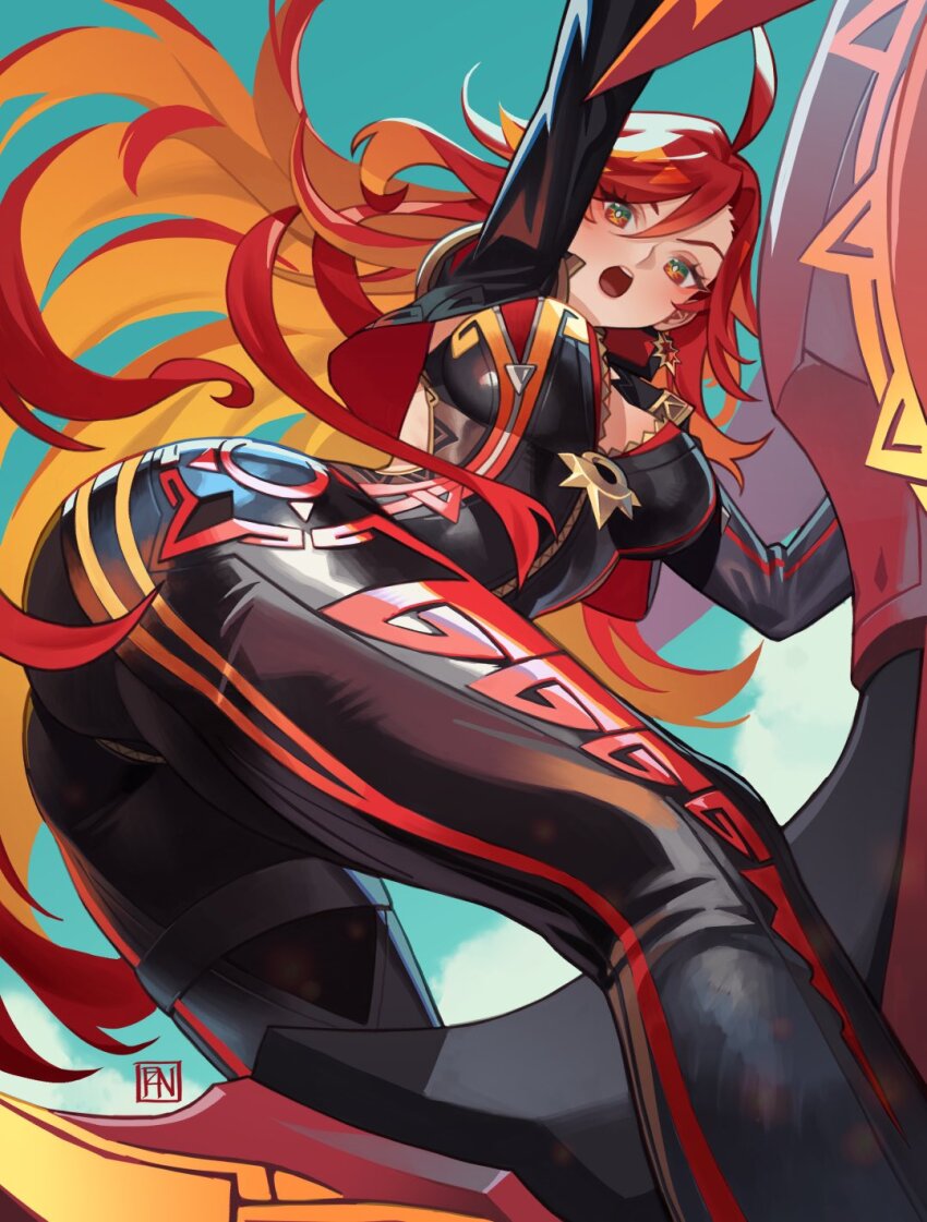 1girl ass biker_clothes bikesuit black_bodysuit bodysuit breasts cleavage clothing_cutout earrings genshin_impact highres large_breasts looking_at_viewer mavuika_(genshin_impact) multicolored_eyes multicolored_hair orange_eyes orange_hair poch4n red_eyes red_hair solo sun_earrings symbol_in_eye zipper
