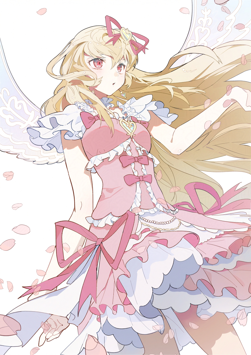 1girl absurdres aikatsu! aikatsu!_(series) angel_wings bare_arms blonde_hair bow bow_button center_frills cowboy_shot dress eyelashes fake_wings frilled_dress frilled_sleeves frills hair_between_eyes hair_ornament hair_ribbon heart heart_hair_ornament highres hoshimiya_ichigo idol layered_dress light_blush long_hair looking_ahead morgue_(southsakura) outstretched_arm parted_lips petals pink_bow pink_dress pink_eyes pink_ribbon red_eyes ribbon short_dress short_sleeves sidelocks simple_background solo spread_wings standing very_long_hair white_background white_wings wings