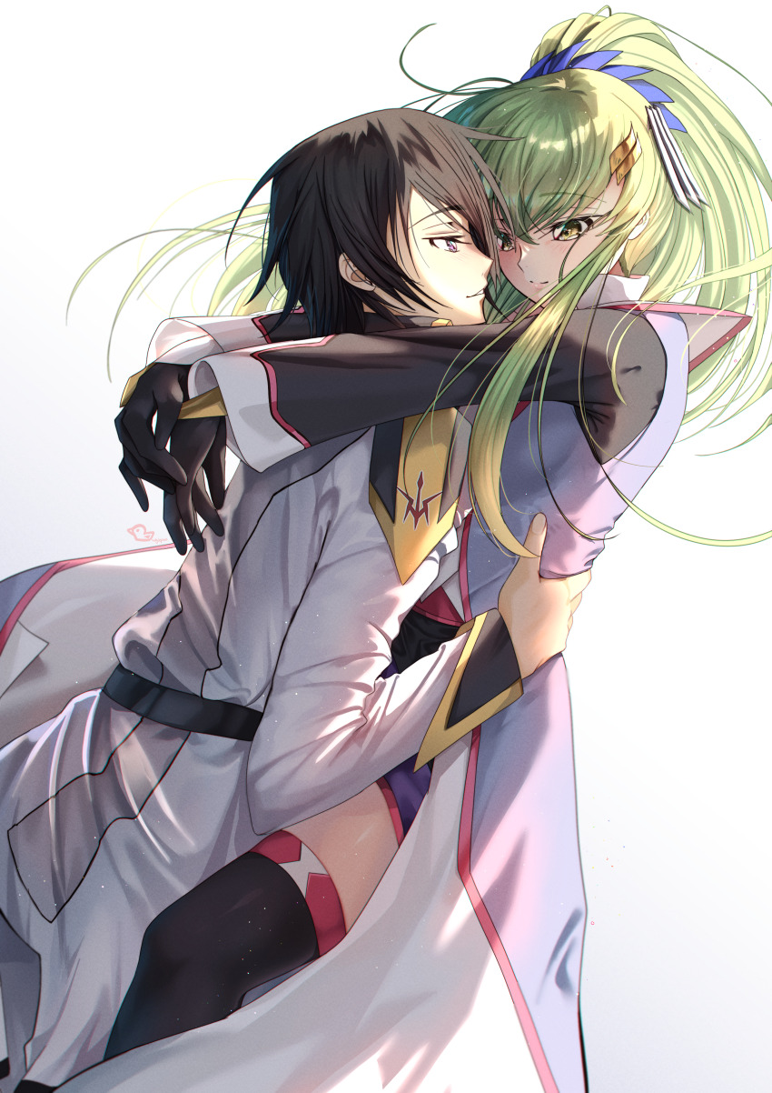 1boy 1girl absurdres arms_around_neck black_gloves black_hair black_thighhighs blush budgiepon c.c. closed_mouth code_geass commentary company_connection cosplay couple dress eye_contact feet_out_of_frame floating_hair from_side gloves green_hair gundam gundam_seed gundam_seed_freedom hair_between_eyes hand_on_another&#039;s_hip hetero highres hug kira_yamato kira_yamato_(cosplay) lacus_clyne lacus_clyne_(cosplay) lelouch_vi_britannia light_particles long_hair long_sleeves looking_at_another parted_lips ponytail profile purple_eyes shirt short_hair sidelighting sidelocks simple_background smile split_mouth sunrise_(company) thighhighs white_background white_dress white_shirt wide_sleeves yellow_eyes