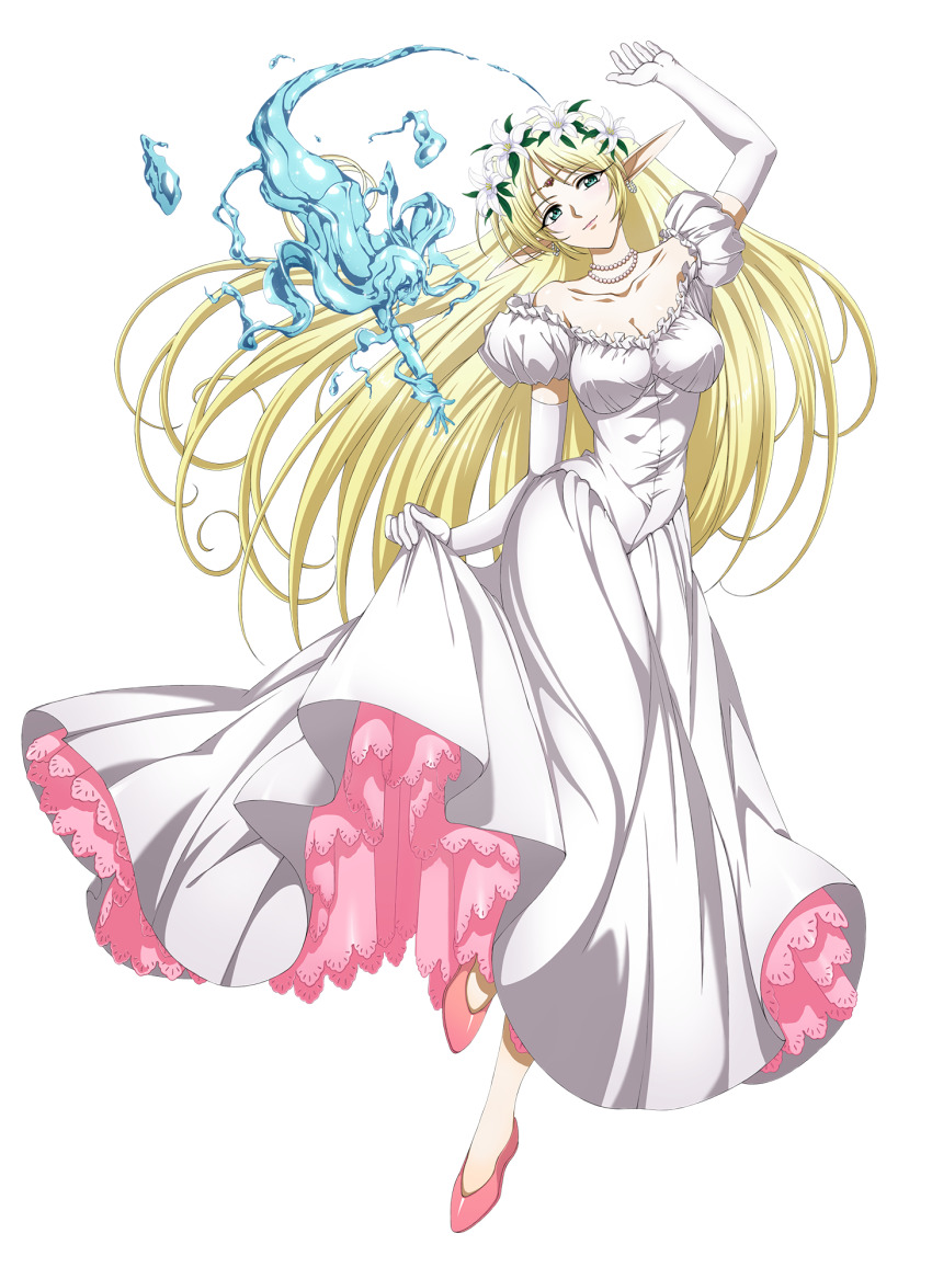 1990s_(style) 1girl aqua_eyes bare_shoulders blonde_hair braid deedlit dress food fruit full_body gloves grapes head_wreath highres langrisser langrisser_m langrisser_mobile long_hair official_art pointy_ears puffy_sleeves record_of_lodoss_war retro_artstyle short_sleeves single_braid solo white_dress white_gloves yuuki_nobuteru