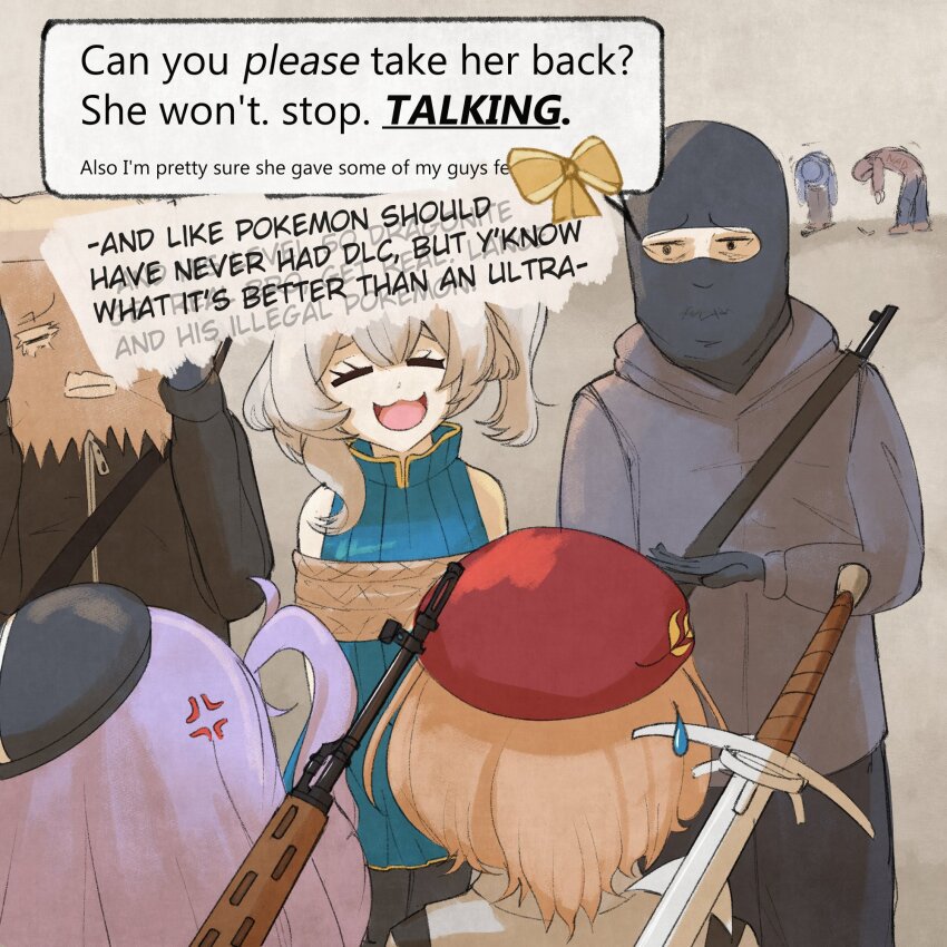 3girls 4boys anger_vein bag balaclava beanie beret black_hat bow brown_hair clio_aite clio_aite_(clio_2.0) closed_eyes eepy_sleepy eepy_sleepy_(sleepy_2.0) grey_hoodie gun hat highres hood hood_down hoodie long_hair marimari_(vtuber) marimari_(vtuber)_(marimari_2.0) multiple_boys multiple_girls nad_(gon4d) open_mouth paper_bag phase_connect phase_invaders_quest red_hat restrained rope short_hair speech_bubble sword virtual_youtuber weapon weapon_on_back yellow_bow zipper