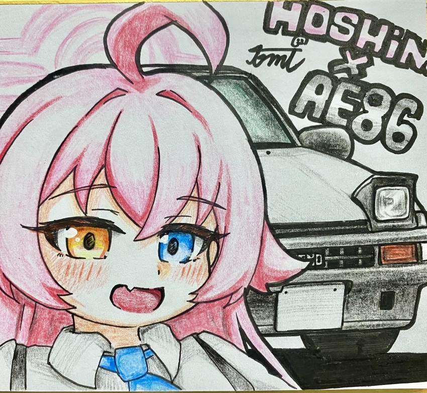 1girl absurdres ahoge blue_archive blue_eyes blue_necktie car collared_shirt commentary_request fang heterochromia highres hoshino_(blue_archive) motor_vehicle necktie pink_hair shikishi shirt solo tomimon traditional_media vehicle_request white_shirt