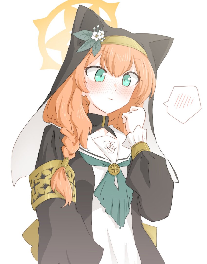 1girl animal_ear_headwear blue_archive braid bus closed_mouth coif cross-eyed double-parted_bangs fake_animal_ears flower frilled_sleeves frills green_eyes green_neckerchief habit hand_up hariyaa hat hat_flower highres long_hair long_sleeves mari_(blue_archive) motor_vehicle neckerchief nun orange_hair sailor_collar simple_background smile solo spoken_blush trinity_general_school_logo white_background