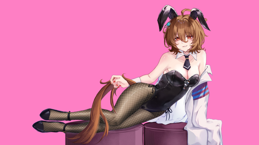 1girl agnes_tachyon_(umamusume) animal_ears arm_support bare_shoulders black_leotard black_necktie black_pantyhose black_shoes breasts brown_hair brown_tail cleavage coat coat_partially_removed detached_collar fishnet_pantyhose fishnets higeji_(higeji404) high_heels highres horse_ears horse_girl horse_tail lab_coat leotard looking_at_viewer lying medium_breasts medium_hair necktie nontraditional_playboy_bunny on_side pantyhose pink_background red_eyes shoes short_necktie smile solo strapless strapless_leotard tail umamusume white_coat