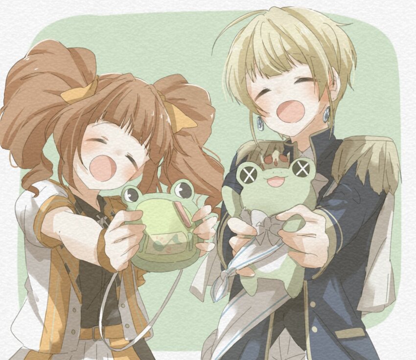 1boy 1girl ahoge bag blonde_hair blush brown_hair crown earrings epaulettes green_background handbag holding idolmaster idolmaster_(classic) idolmaster_side-m jewelry kaerre long_hair open_mouth pierre_bichelberger sakurarate smile stuffed_animal stuffed_frog stuffed_toy takatsuki_yayoi trait_connection twintails watercolor_effect