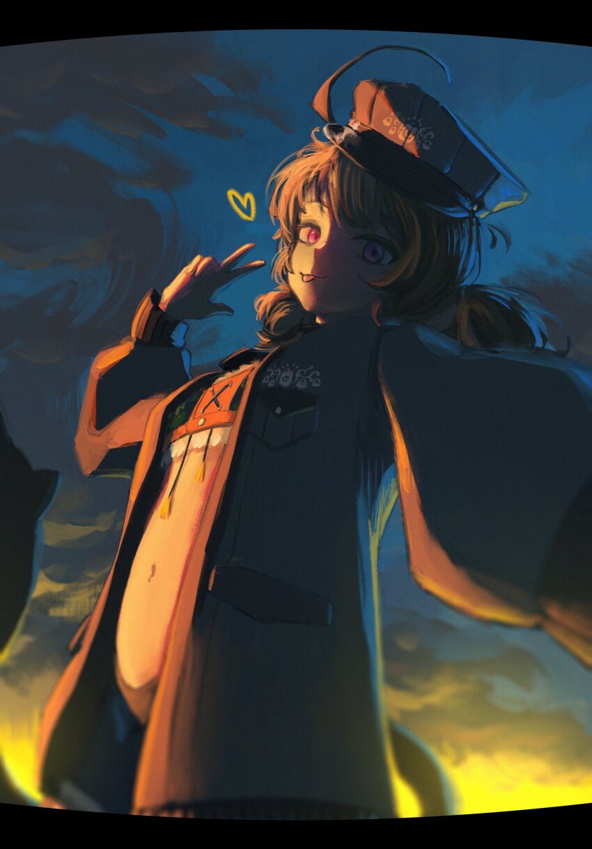 1girl absurdres ahoge bikini black_hat black_jacket blonde_hair brown_hair dusk gigi_murin gigi_murin_(holonatsu_paradise) hat heart highres hololive hololive_english jacket looking_at_viewer navel official_alternate_costume orange_bikini outstretched_arm peaked_cap pink_eyes solo swimsuit tail tivetives tongue tongue_out twintails virtual_youtuber