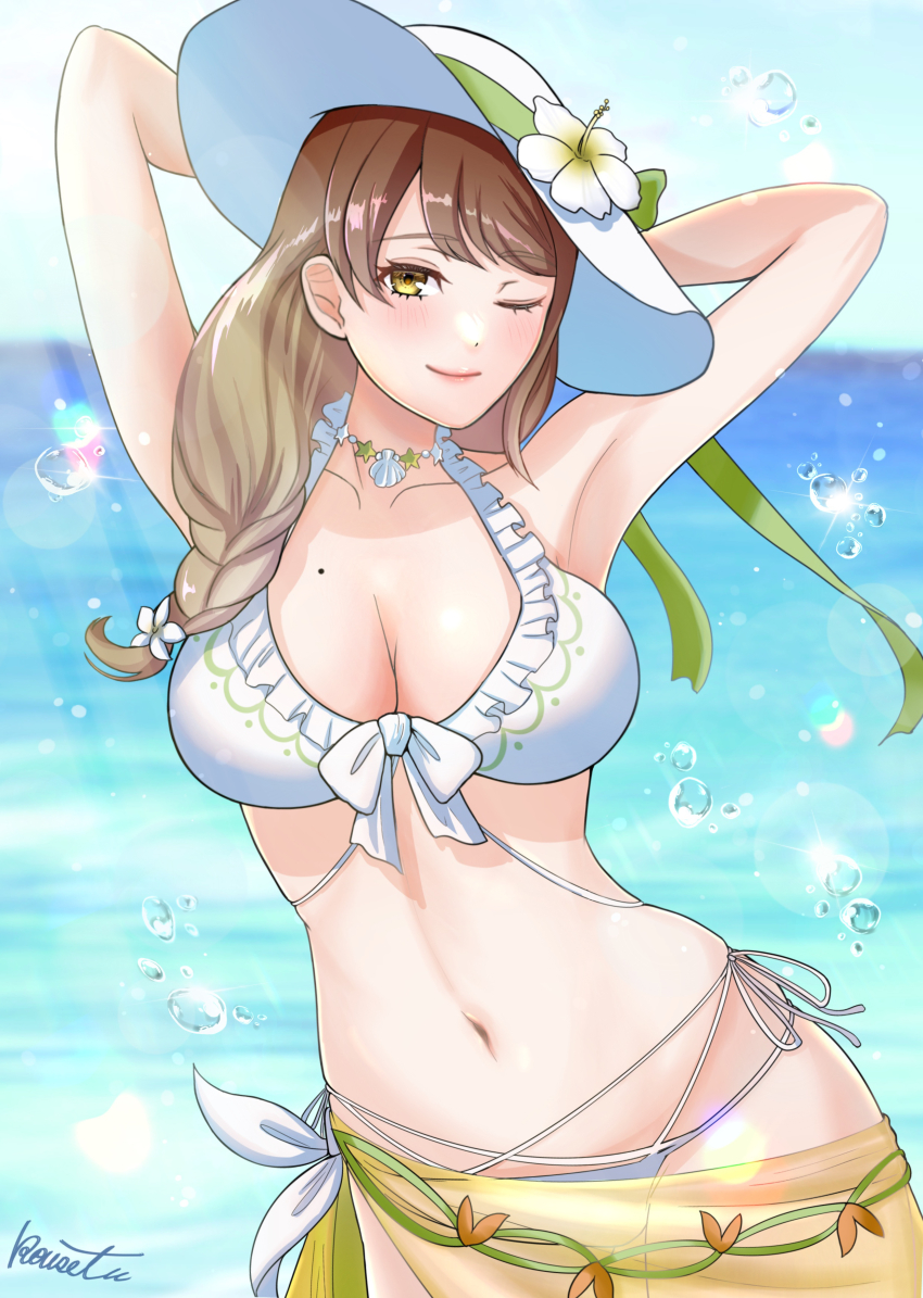1girl absurdres armpits arms_behind_head bikini blue_sky blush braid breasts brown_hair cleavage closed_mouth commentary_request day fire_emblem fire_emblem_engage fire_emblem_heroes flower goldmary_(fire_emblem) goldmary_(summer)_(fire_emblem) hat highres kousetu0506 large_breasts long_hair looking_at_viewer mole mole_on_breast navel nintendo ocean official_alternate_costume one_eye_closed outdoors sarong see-through_clothes signature sky smile solo stomach sun_hat swimsuit water white_bikini white_flower white_hat yellow_eyes