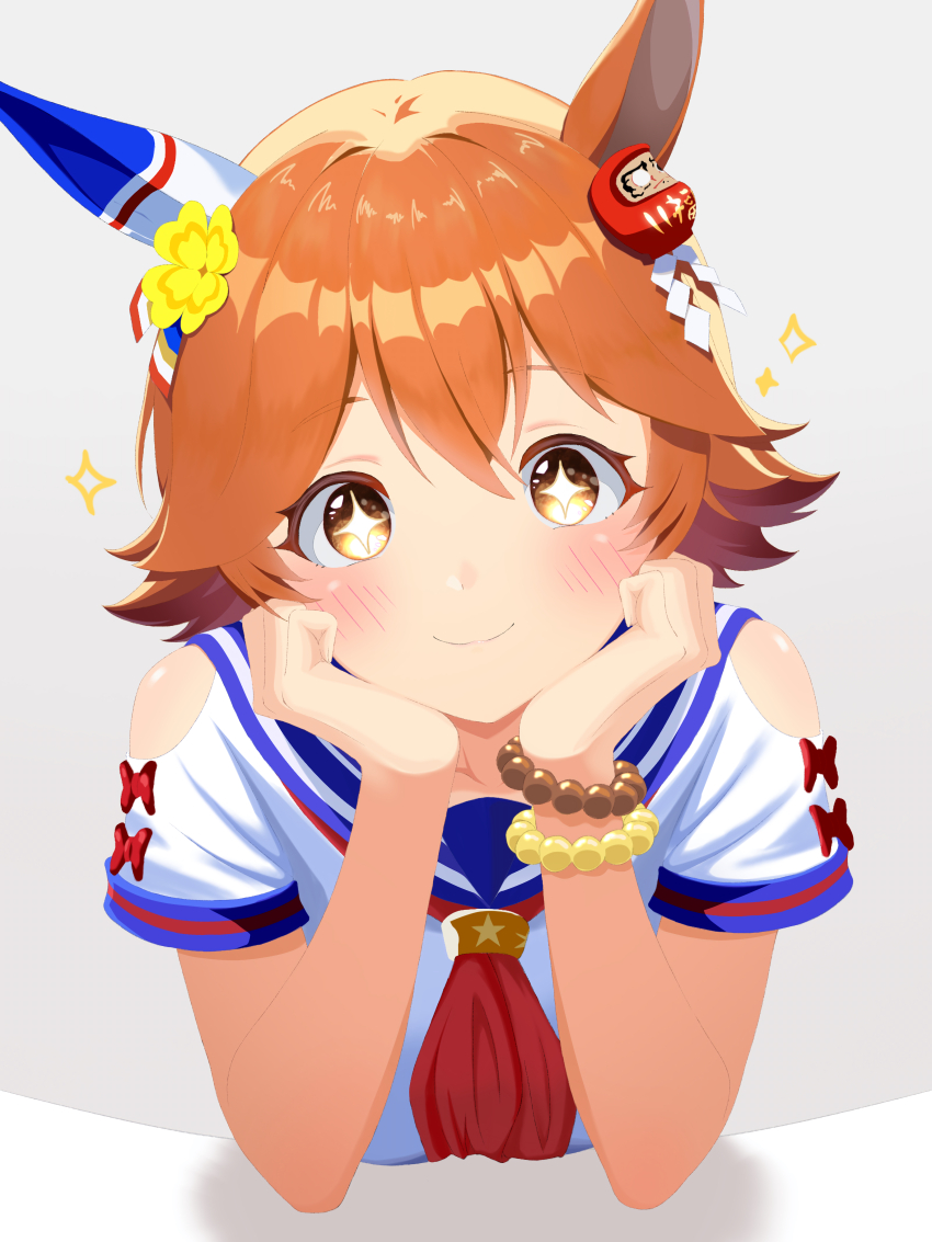 +_+ 1girl absurdres animal_ears bare_shoulders closed_mouth clothing_cutout clover_hair_ornament commentary daruma_doll hair_ornament hands_up head_rest highres horse_ears horse_girl matikanefukukitaru_(umamusume) neckerchief orange_hair r1on_22 red_neckerchief sailor_collar shirt short_hair short_sleeves shoulder_cutout simple_background smile solo teeth umamusume upper_body upper_teeth_only white_background white_shirt yellow_eyes