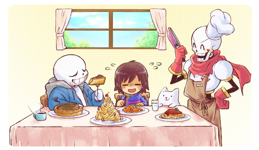 1other 2boys ahin_vpv annoying_dog apron blue_jacket blue_sweater breakfast brown_apron chef_hat closed_eyes eating food frisk_(undertale) grin hat highres jacket multiple_boys open_mouth papyrus_(undertale) pasta pie sans_(undertale) skeleton smile sweater teeth undertale window