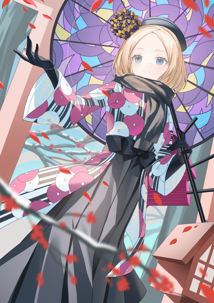 1girl abigail_williams_(exhibition_attire)_(fate) abigail_williams_(fate) absurdres blonde_hair blue_eyes blush bow branch enpera fate/grand_order fate_(series) gloves hat highres holding holding_umbrella japanese_clothes kimono looking_up miyu10366 outdoors outstretched_arm parted_bangs petals scarf skirt snow solo tree umbrella wide_sleeves
