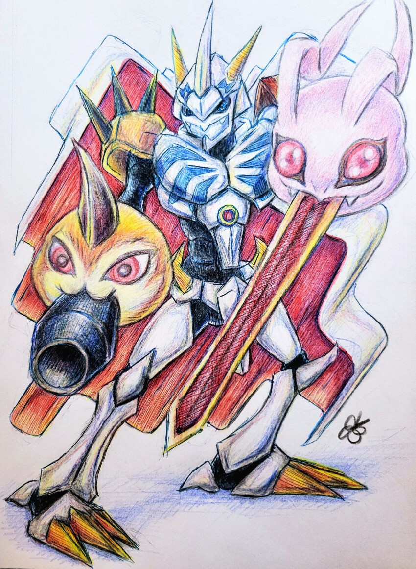 cannon digimon digimon_(creature) highres koromon omegamon oridigi solo sword tunomon weapon