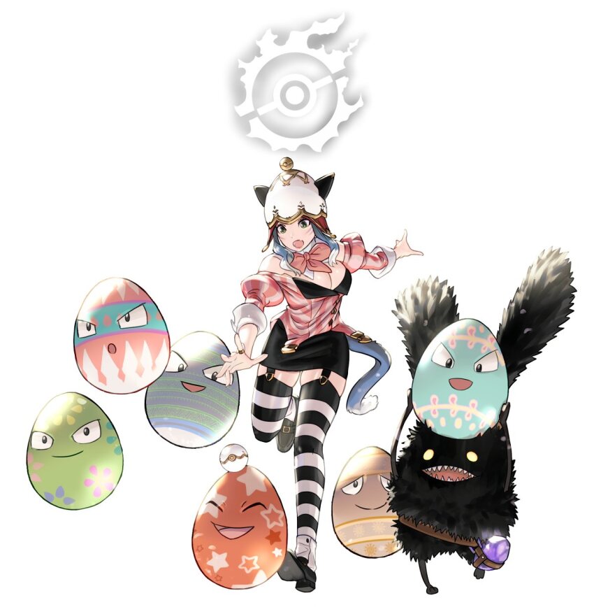 1girl :o ^_^ animal_ears bare_shoulders black_shoes black_skirt blue_hair bow bowtie breasts buttons cat_ears cat_girl cat_tail cleavage closed_eyes commentary crossover exeggcute facial_mark fang final_fantasy final_fantasy_xiv full_body gen_1_pokemon green_eyes hat highres holding holding_pokemon jacket jewelry jihli_aliapoh juliet_sleeves large_breasts leg_up legwear_garter long_sleeves medium_hair miqo&#039;te nintendo off-shoulder_jacket off_shoulder open_mouth outstretched_arms pencil_skirt pink_bow pink_bowtie pink_jacket pokemon pokemon_(creature) potion_lilac puffy_sleeves ring running sharp_teeth shoes simple_background skin_fang skirt smile solo spriggan_(final_fantasy) striped_clothes striped_thighhighs tail teeth thighhighs two-tone_thighhighs white_background