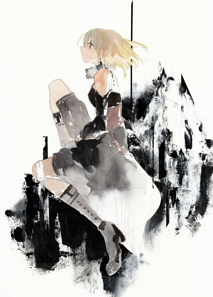 1girl bang_dream! bang_dream!_it&#039;s_mygo!!!!! black_dress blonde_hair clothing_cutout commentary doloris_(bang_dream!) dress earrings floating_hair full_body grey_socks highres jewelry kneehighs kushima_yu long_sleeves misumi_uika shoulder_cutout socks solo