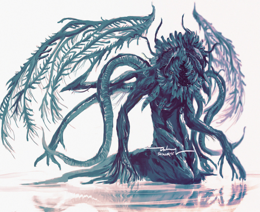 1other bloodborne commentary ebrietas_daughter_of_the_cosmos eldritch_abomination english_commentary fromsoftware full_body looking_at_viewer monster no_humans reflection ripples shimhaq signature simple_background solo tentacles water white_background wings