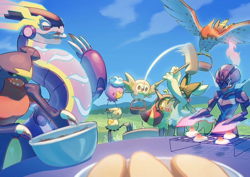 +_+ bird bowl ceruledge chocolate claws cloud commentary_request cooking day drifloon eating food garchomp gen_4_pokemon gen_6_pokemon gen_7_pokemon highres holding looking_down meowscarada mimikyu miraidon mokukitusui motion_blur nintendo ogerpon open_mouth outdoors pink_eyes pokemon pokemon_(creature) red_eyes rowlet sky talonflame