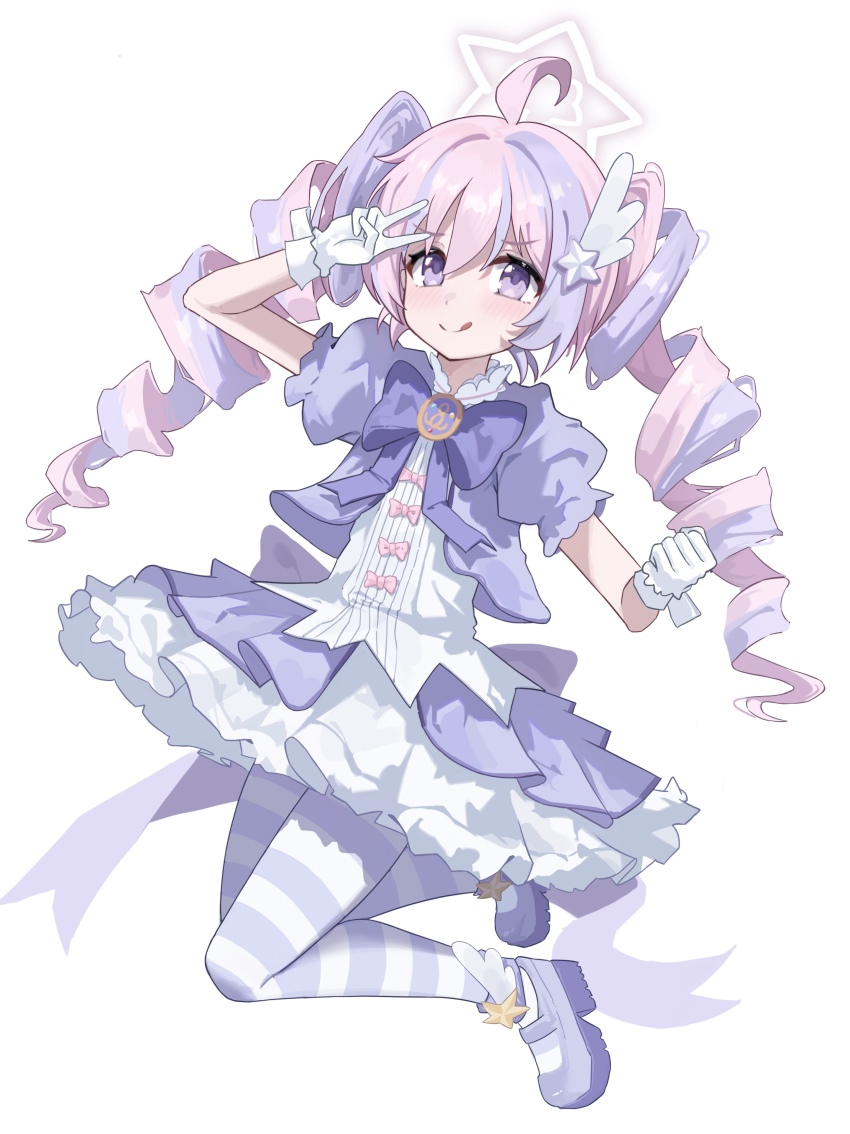 1girl :q absurdres ahoge blue_archive blush bow bowtie chinese_commentary clenched_hand commentary_request drill_hair full_body gloves hair_between_eyes hair_ornament halo hands_up highres jacket long_hair looking_at_viewer magical_girl making-of_available multicolored_hair multicolored_pantyhose official_alternate_costume official_alternate_hairstyle pantyhose pink_bow pink_hair puffy_short_sleeves puffy_sleeves purple_bow purple_bowtie purple_eyes purple_hair purple_jacket purple_pantyhose purple_shoes reisa_(blue_archive) reisa_(magical)_(blue_archive) shirt shoes short_sleeves simple_background skirt solo star_(symbol) star_hair_ornament star_halo striped_clothes striped_pantyhose tongue tongue_out twin_drills twintails two-tone_hair two-tone_pantyhose v white_background white_gloves white_pantyhose white_shirt white_skirt white_wrist_cuffs wrist_cuffs xiaoxiaoyifan