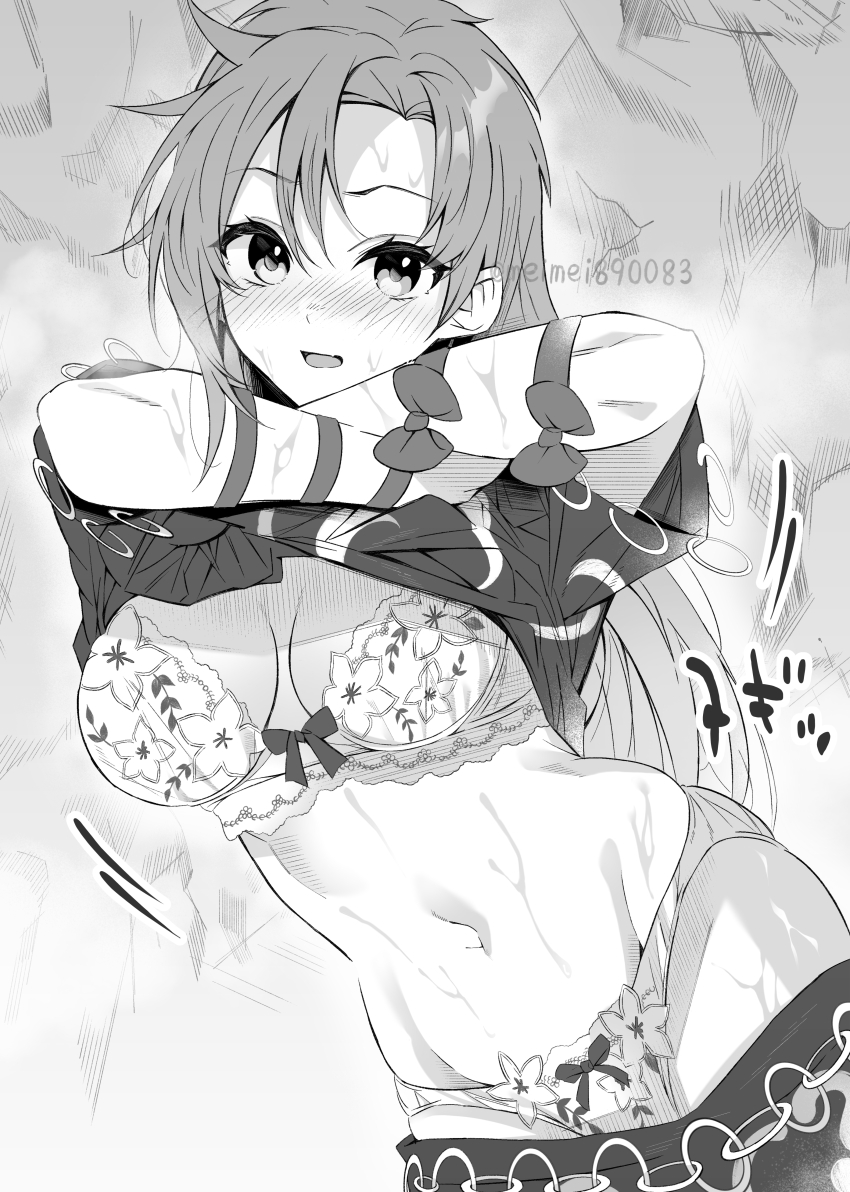 1girl absurdres arm_ribbon blush bra breasts breasts_apart clothes_lift clothes_pull commentary_request floral_print greyscale highres himemushi_momoyo large_breasts lifting_own_clothes long_hair looking_at_viewer meimei_(meimei89008309) monochrome multi-source_commentary navel open_mouth panties print_bra print_panties ribbon shirt shirt_lift short_sleeves skirt skirt_pull solo stomach sweat touhou twitter_username underwear undressing very_long_hair