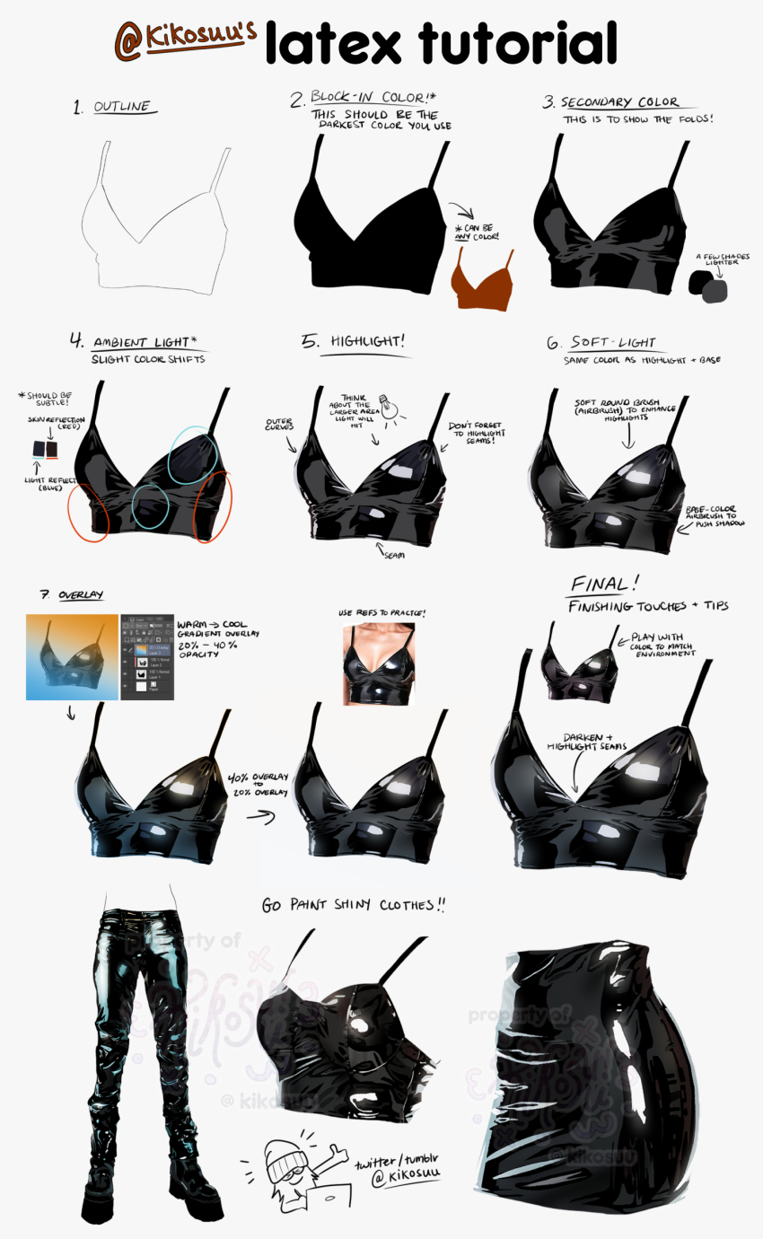 absurdres art_program_in_frame black_pants black_skirt black_tank_top commentary english_commentary english_text highres how_to kikosuu latex latex_pants latex_skirt latex_top original pants photo_inset progression reference_inset shiny_clothes simple_background skirt tank_top twitter_username watermark