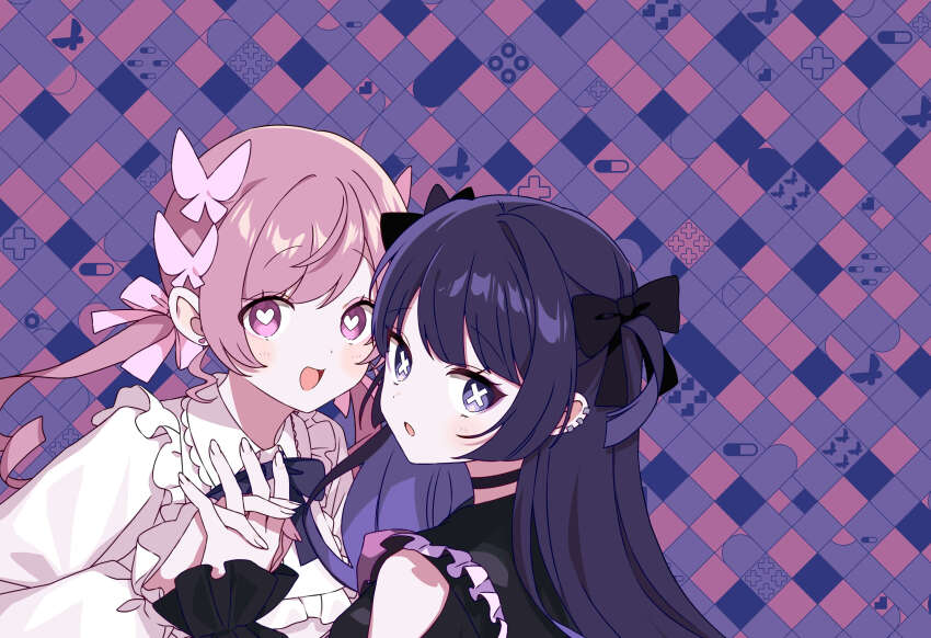 2girls absurdres album_cover black_bow black_bowtie black_shirt black_sleeves blunt_bangs blush bow bowtie bug butterfly butterfly_hair_ornament collared_shirt cover detached_sleeves dot_nose earrings eyeliner eyeshadow fingernails frilled_shirt frills from_side hair_bow hair_ornament heart heart-shaped_pupils heart_earrings highres hime_cut holding_hands hutaba_haru insect interlocked_fingers jewelry jirai_kei lace lace-trimmed_shirt lace_trim long_hair long_sleeves looking_at_viewer low_twintails makeup multicolored_hair multiple_girls official_art open_mouth pink_bow pink_butterfly pink_eyes pink_hair portrait purple_background purple_eyes purple_eyeshadow purple_hair raised_eyebrows shirt sidelocks single_hair_intake stud_earrings symbol-shaped_pupils tuyu_(band) twintails two-tone_hair under_heroine_(tuyu) under_kids white_shirt x x-shaped_pupils