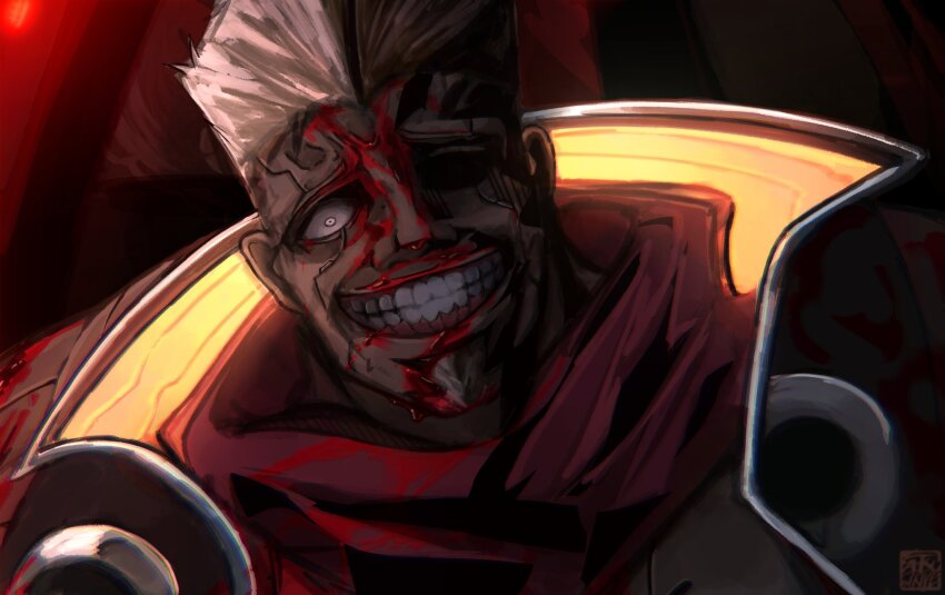 1boy blood blood_on_clothes close-up collar crazy_eyes crazy_smile cyberpunk cyberpunk_(series) cyberpunk_edgerunners cyborg facial_hair highres looking_down maine_(cyberpunk) muscular muscular_male red_background red_scarf satsu-strive scarf short_hair smile solo white_hair