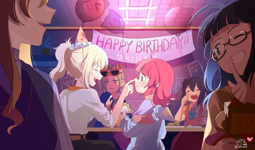 &gt;_&lt; 6+girls ;) aqua_shirt armband artist_name artist_request balloon belt birthday black_hair black_jacket black_pants blonde_hair blue_bow blunt_bangs blush bow bowtie breasts brown_eyes brown_hair cake cat chalkboard chalkboard_writing classroom closed_eyes collarbone female_focus finger_to_mouth finger_to_own_nose floating_hair food food_on_face glasses glasses_on_head grey_hair grey_shirt half-closed_eyes happy_birthday hat heart heart_(symbol) heart_print high_ponytail highres holding holding_plate indoors jacket light_brown_hair long_hair looking_at_viewer love_live! love_live!_nijigasaki_high_school_idol_club mia_taylor miniskirt miyashita_ai multiple_girls non-humanoid_robot one_eye_closed orange_belt pants parted_lips party_hat pink_cat pink_hair pink_skirt plaid_clothes plaid_skirt plate pleated pleated_skirt ponytail puffy_short_sleeves puffy_sleeves purple_eyes red_armband robot robot_animal shirt short_hair short_sleeves sitting skirt smile sunglasses sunglasses_on_head table teeth tennoji_rina twintails upper_body v-shaped_eyebrows white_shirt wink yellow_eyes