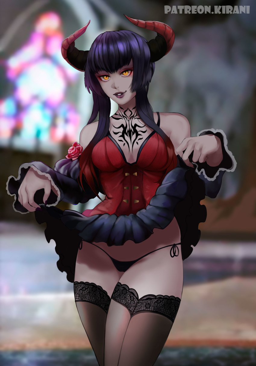 1girl black_panties black_thighhighs breasts cameltoe chest_tattoo clothes_lift curtsey demon_horns detached_sleeves eliza_(tekken) eyeshadow female_focus fingernails flower gothic_lolita gradient_hair highres horns kirani lace lace-trimmed_legwear lace_trim lifting_own_clothes lipstick lolita_fashion makeup medium_breasts multicolored_hair nail_polish namco pale_skin panties patreon_username purple_hair purple_lips purple_nails red_hair rose seamed_legwear see-through_clothes see-through_legwear sharp_fingernails short_hair_with_long_locks side-tie_panties skirt skirt_lift slit_pupils solo spaghetti_strap tattoo tekken tekken_7 thighhighs underwear vampire yellow_eyes