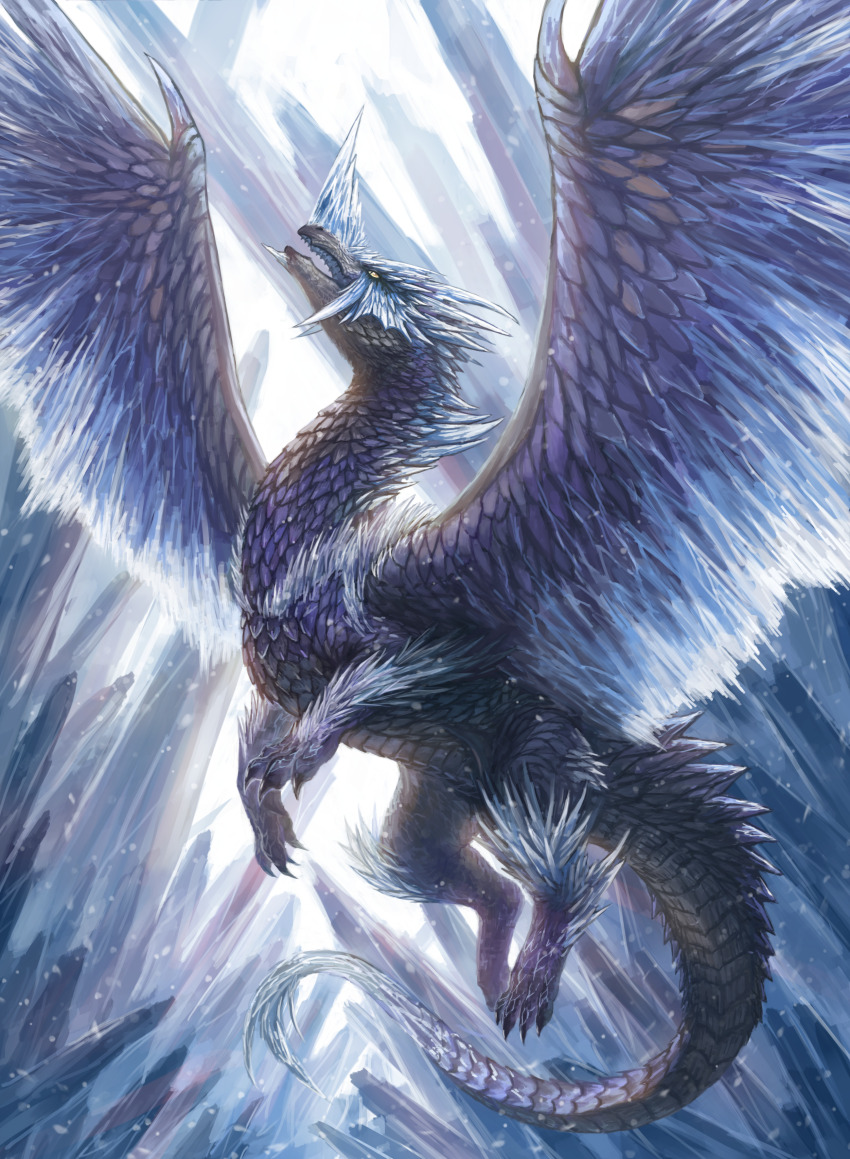absurdres dragon dragon_tail dragon_wings highres horns ice_crystal oversized_wings monster monster_hunter:_world monster_hunter_(series) nasuno_posi no_humans scales tail velkhana western_dragon wings yellow_eyes