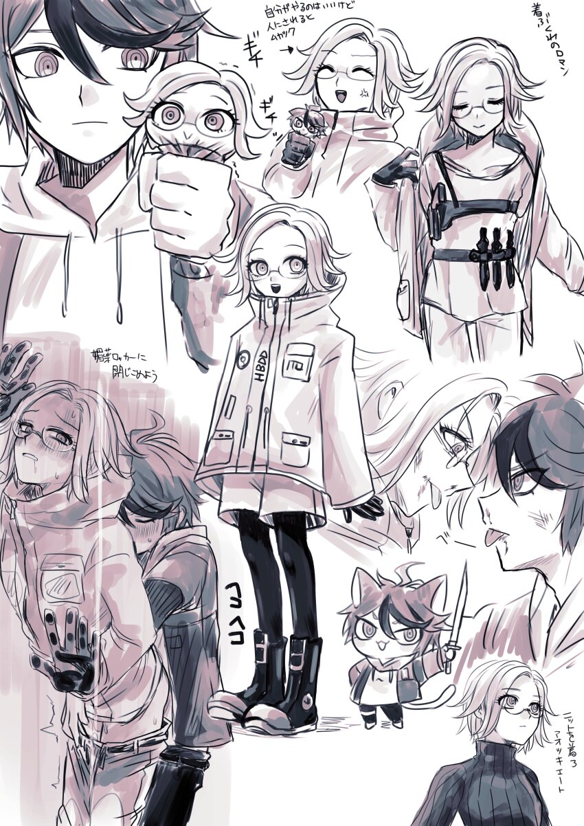 2boys absurdres ahoge alternate_costume animal_ears aotsuki_eito black_gloves black_shoes cat_boy cat_ears cat_tail chibi closed_mouth drooling gloves greyscale hair_between_eyes highres holding holding_chibi holding_sword holding_weapon japanese_text looking_at_another male_focus messy_hair monochrome multicolored_hair multicolored_shoes multiple_boys multiple_views open_mouth parted_hair saliva sex sex_from_behind shoes sumino_takumi sword tail the_hundred_line_-last_defense_academy- tongue tongue_out weapon white_shoes yaoi