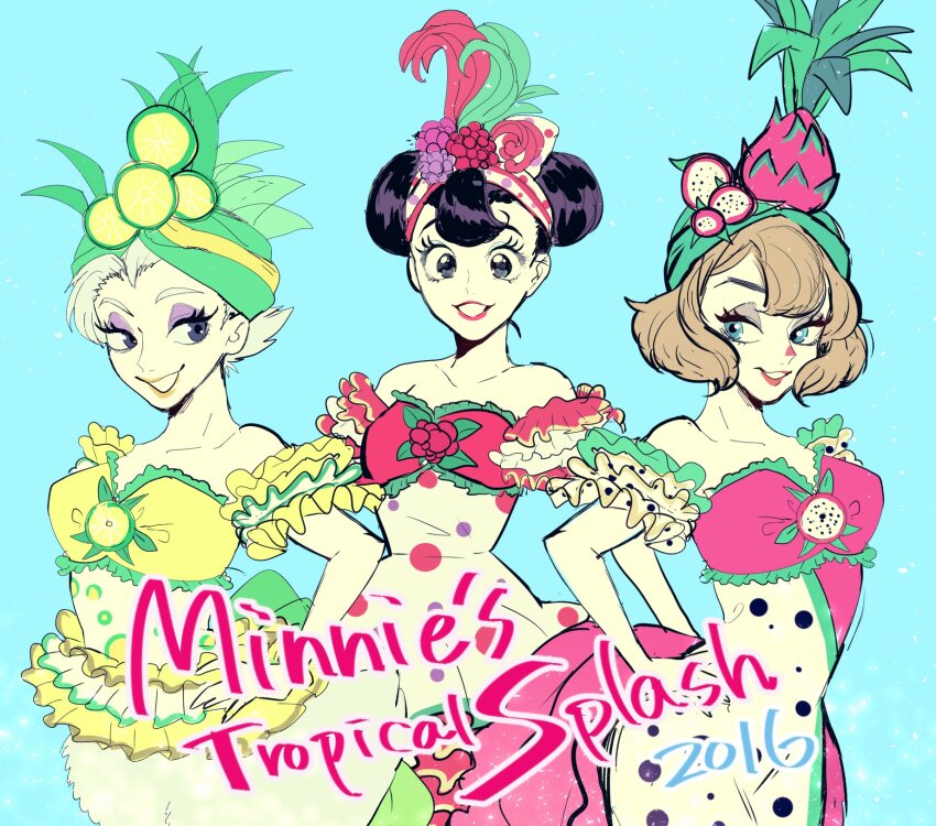 2016 3girls brown_hair clarice_(disney) daisy_duck disney disneyland double_bun dress feather_hair_ornament feathers hair_bun hair_ornament hat_feather highres humanization looking_at_viewer mickey_mouse_&amp;_friends minnie_mouse multiple_girls rl10_02 short_hair smile strapless strapless_dress upper_body white_hair
