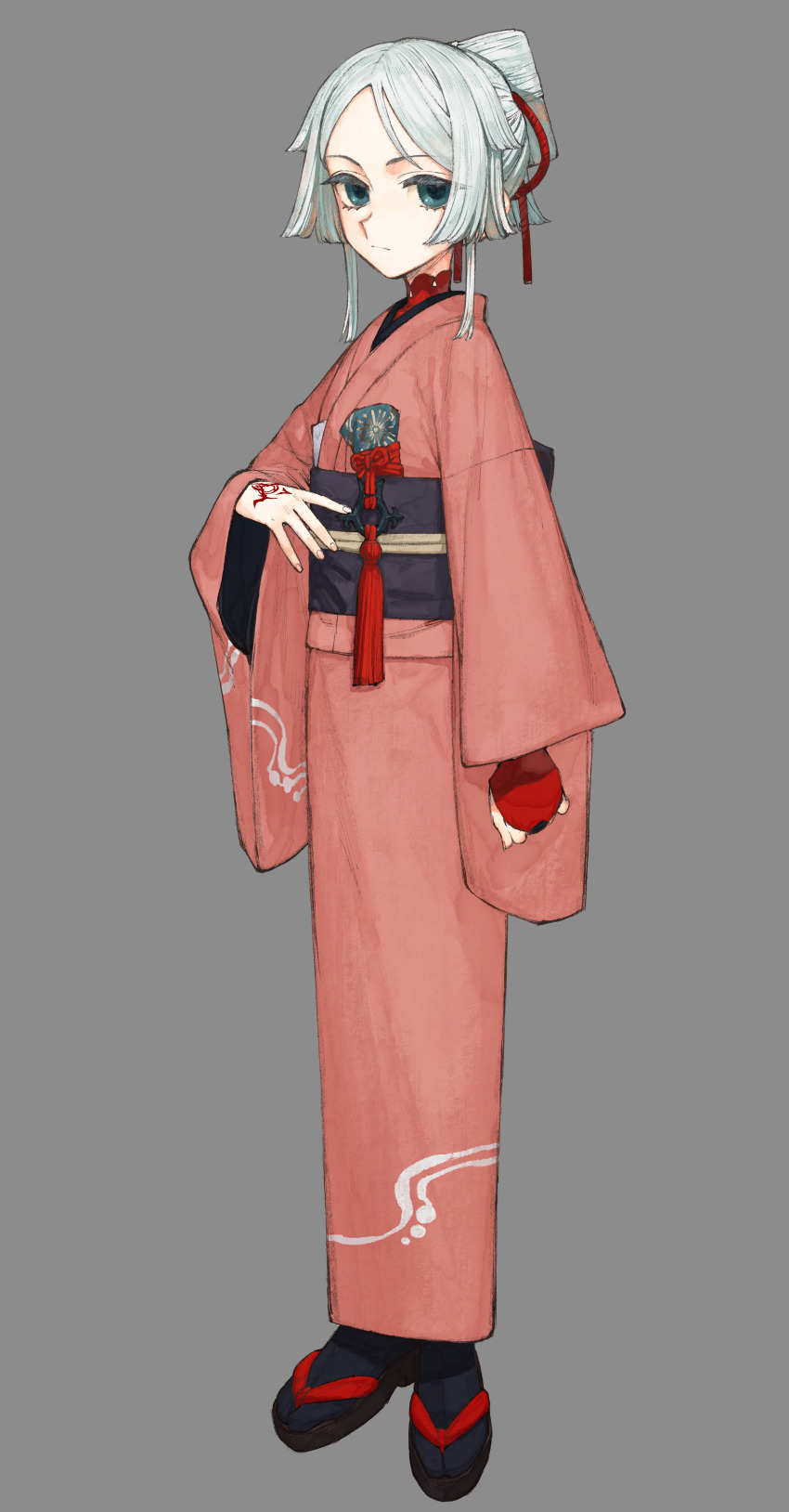 1girl absurdres aged_down black_footwear child closed_mouth command_spell fate/samurai_remnant fate_(series) fingerless_gloves full_body geta gloves green_eyes grey_background hair_ribbon highres japanese_clothes kimono light_frown long_hair looking_at_viewer obi official_art orange_kimono parted_bangs protected_link red_gloves red_ribbon ribbon sandals sash second-party_source sidelocks simple_background single_glove solo standing tabi tachi-e updo wataru_rei white_hair wide_sleeves yui_shousetsu_(fate)