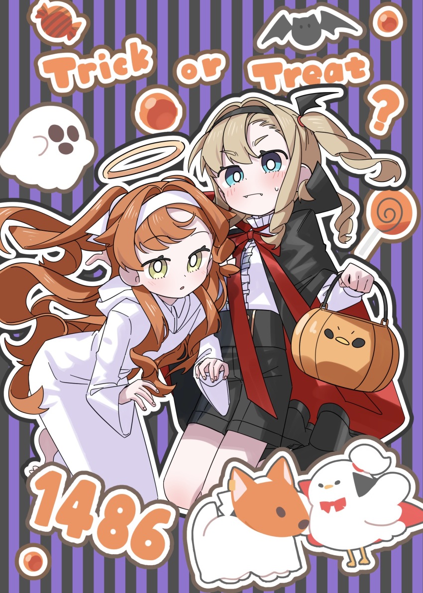 2girls ? absurdres alternate_costume bat_(animal) bird black_cape black_hairband black_shoes black_shorts blue_eyes blush bright_pupils bucket candy cape center_frills dog dress duck fangs fangs_out food frills full_body ghost green_eyes grey_hair hairband halloween_bucket halloween_costume halo highres holding holding_bucket leaning_forward legs_up lollipop long_dress long_hair matilda_bouanich multiple_girls neck_ribbon one_side_up orange_hair purple_background red_ribbon reverse:1999 ribbon sanjuqing&#039;an shirt shoes shorts sonetto_(reverse:1999) striped_background sweat swirl_lollipop trick_or_treat vertical-striped_background white_dress white_hairband white_pupils white_shirt