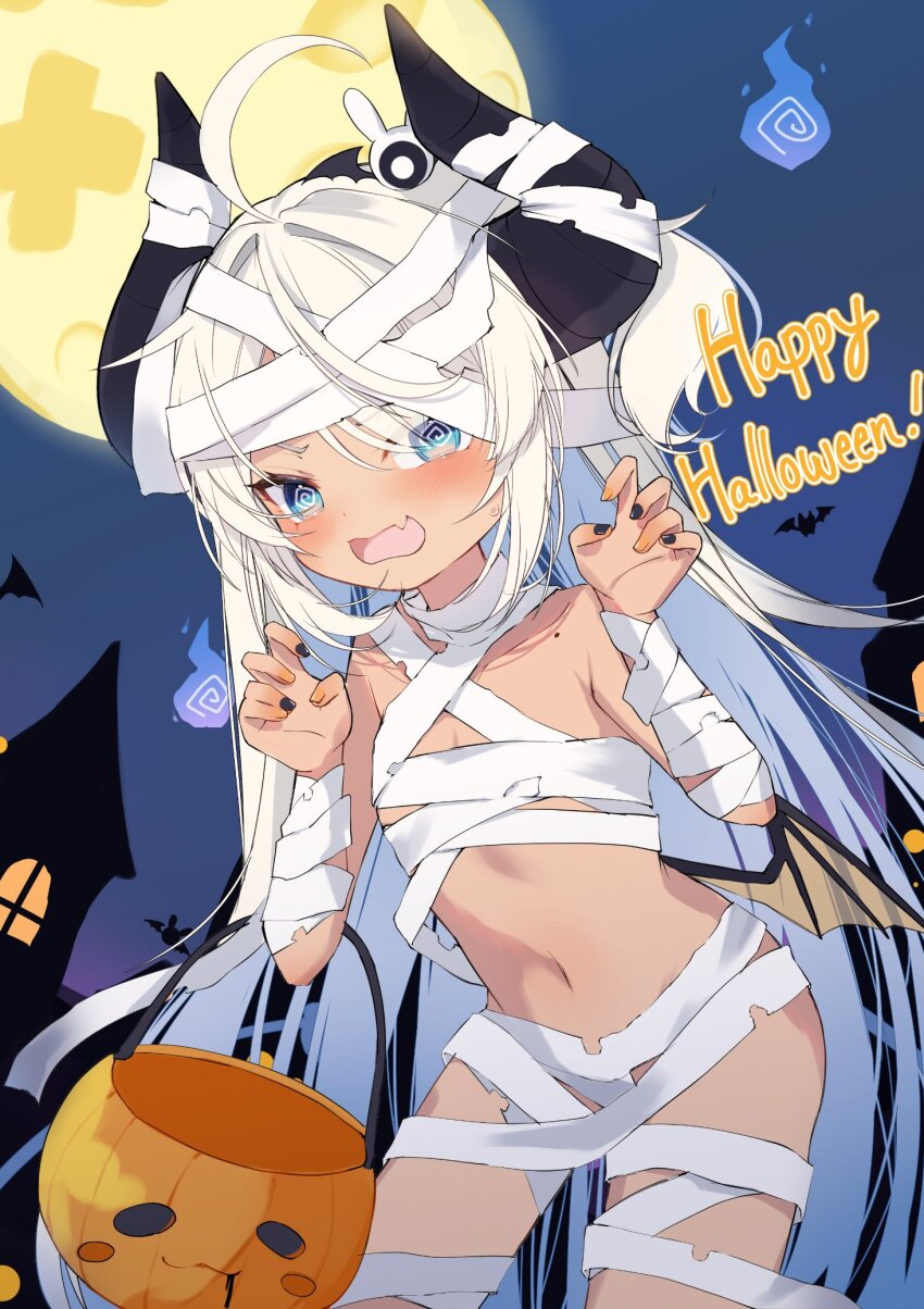 1girl asagawa_mikan asagawa_mikan_(peachy_michi) bandage_on_hair bandaged_chest bandaged_head bandages bat_wings blue_eyes blue_fire blush dark_skin demon_girl demon_horns fang fire halloween halloween_bucket halloween_costume highres horns indie_virtual_youtuber jack-o&#039;-lantern long_hair low_wings mole mole_on_shoulder mummy mummy_costume nail_polish naked_bandage navel outdoors pumpkin skin_fang stomach tan trick_or_treat virtual_youtuber white_hair will-o&#039;-the-wisp_(mythology) wings