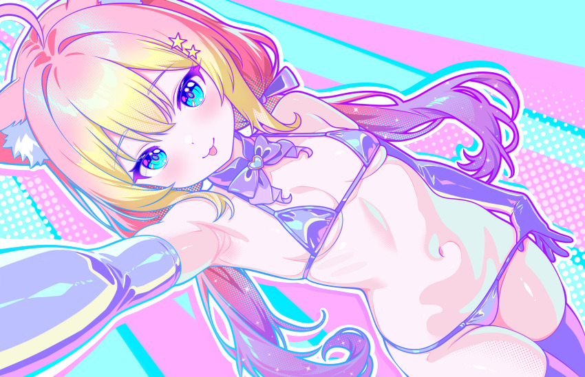 1girl absurdres ahoge armpits bare_shoulders bikini blonde_hair blush bow bowtie breasts detached_collar elbow_gloves finn_flint gloves gradient_hair hair_ornament highres latex latex_bikini latex_gloves latex_thighhighs long_hair looking_at_viewer multicolored_hair navel original outstretched_arm purple_hair red_hair small_breasts smile solo star_(symbol) star_hair_ornament swimsuit thighhighs tongue tongue_out traditional_bowtie twintails
