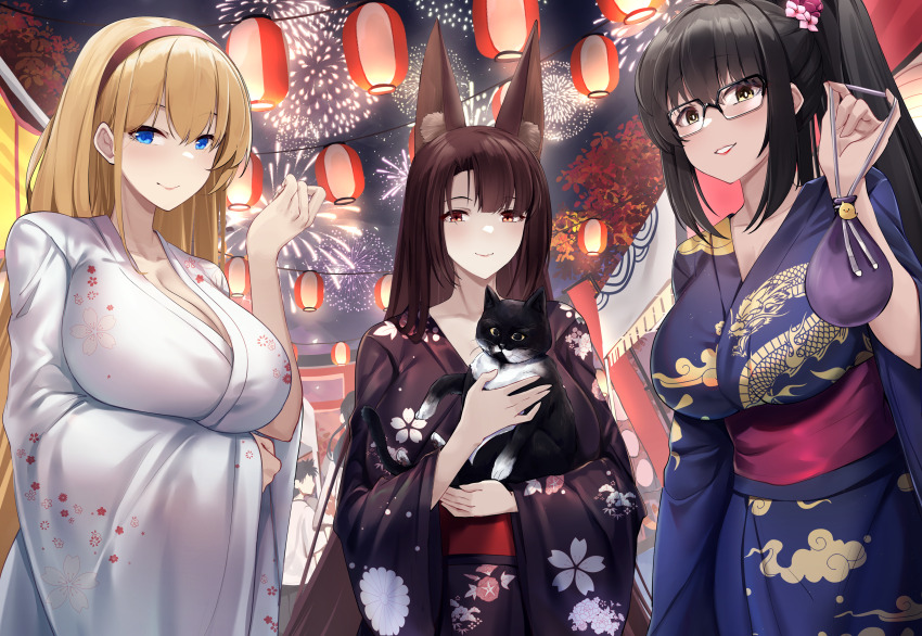 3girls absurdres aerial_fireworks akagi_(azur_lane) animal animal_ears azur_lane black-framed_eyewear black_kimono blonde_hair blue_eyes blue_kimono breasts brown_hair cat cleavage closed_mouth collarbone commander_(azur_lane) commentary commission dragon_print english_commentary female_commander_(azur_lane) fireworks floral_print fox_ears fox_girl glasses hairband hand_up highres holding holding_animal holding_cat irkawaza japanese_clothes kimono lantern large_breasts long_hair long_sleeves looking_at_viewer multiple_girls night night_sky north_carolina_(azur_lane) ponytail red_eyes red_hairband second-party_source sidelocks sky smile standing tree white_kimono wide_sleeves yellow_eyes yukimura_ryuuko_(ryuuko)