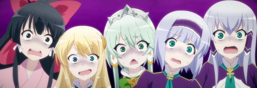 5girls black_hair blonde_hair blue_eyes bow crown dress else_shileska elze_silhoueska green_eyes green_hair grey_eyes hair_bow hair_ribbon heterochromia highres isekai_wa_smartphone_to_tomo_ni. kokonoe_yae long_hair looking_at_viewer multiple_girls necktie open_mouth ponytail princess purple_hair ribbon scared shaded_face short_hair siblings sisters stitched third-party_edit turn_pale yumina_elnea_belfast