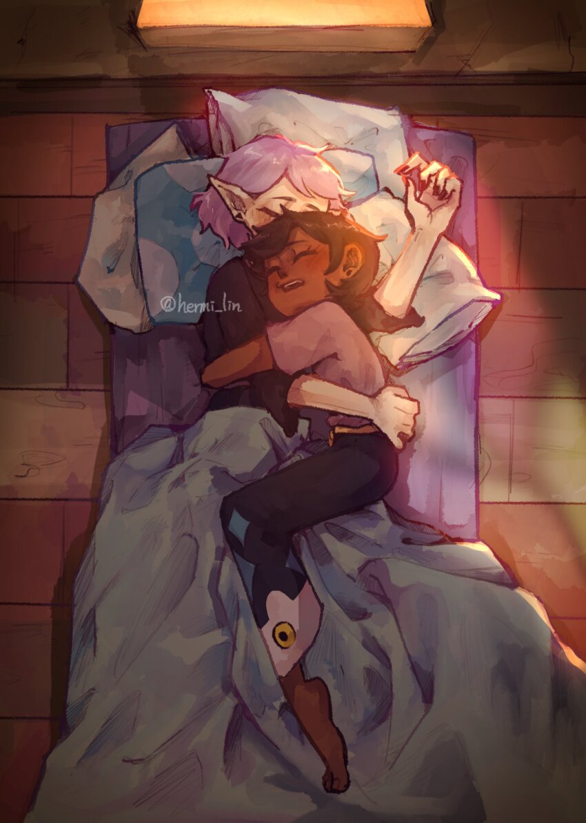 2girls amity_blight bed_sheet black_shirt closed_eyes dark-skinned_female dark_skin dawn floor from_above full_body hermi highres hug indoors luz_noceda multiple_girls open_mouth pointy_ears purple_hair shirt short_hair sleeping teeth the_owl_house