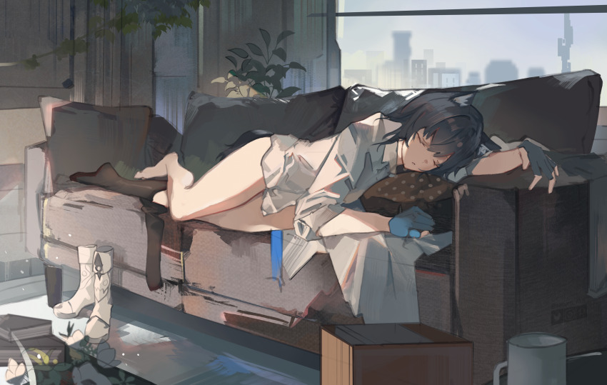 1girl absurdres animal_ear_fluff animal_ears arknights arm_rest arm_up bare_legs black_hair black_tail black_vest blue_gloves blue_necktie blurry blurry_background book boots bottomless box breasts building cardboard cardboard_box city cityscape clear_sky closed_eyes closed_mouth collared_shirt commentary couch crossed_legs cup day depth_of_field door dot_nose dress_shirt english_commentary eyelashes facing_viewer fingerless_gloves floor flower from_side full_body gloves grey_sky hair_between_eyes hand_up head_on_pillow highres indoors legs light_particles long_hair long_sleeves lying medium_breasts mug necktie no_shoes official_alternate_costume on_couch on_side pantyhose pillow plant potted_plant saturn_(saturn_illus) shade shadow shirt sidelighting single_bare_foot single_leg_pantyhose sky sleeping sleeve_cuffs solo sunlight table tail texas_(arknights) texas_the_omertosa_(arknights) thighs unworn_boots unworn_necktie unworn_pantyhose unworn_vest vest white_boots white_flower white_shirt window window_shadow wing_collar wolf_ears wolf_girl wolf_tail