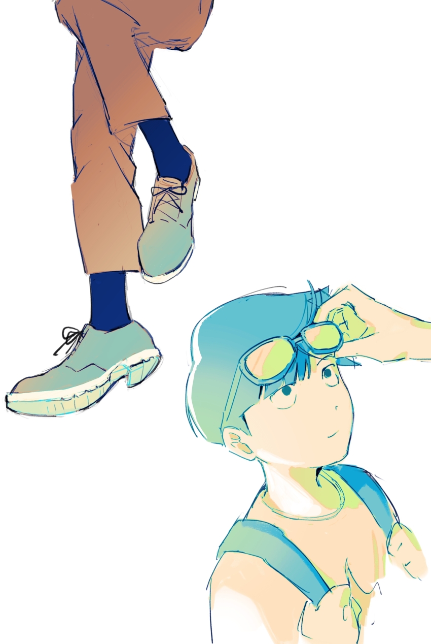 2boys absurdres adjusting_another&#039;s_eyewear baobing black_socks blue_eyes blue_hair chinese_commentary closed_mouth commentary_request eyewear_on_head grey_shoes highres kageyama_shigeo male_focus mob_psycho_100 multiple_boys out_of_frame pants pink_shirt red_pants reigen_arataka shirt shoes short_hair simple_background socks white_background