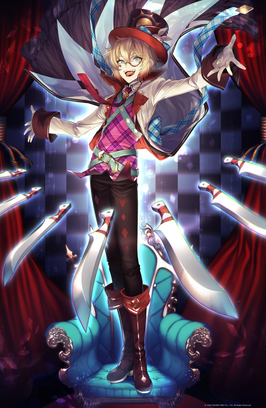 1boy absurdres belt black_pants blue_eyes chair copyright_notice gloves grimms_echoes hat highres knife mad_hatter_(grimms_echoes) male_focus monocle nanokak official_art on_chair open_mouth orange_hair pants short_hair smile solo standing standing_on_chair tongue tongue_out white_gloves