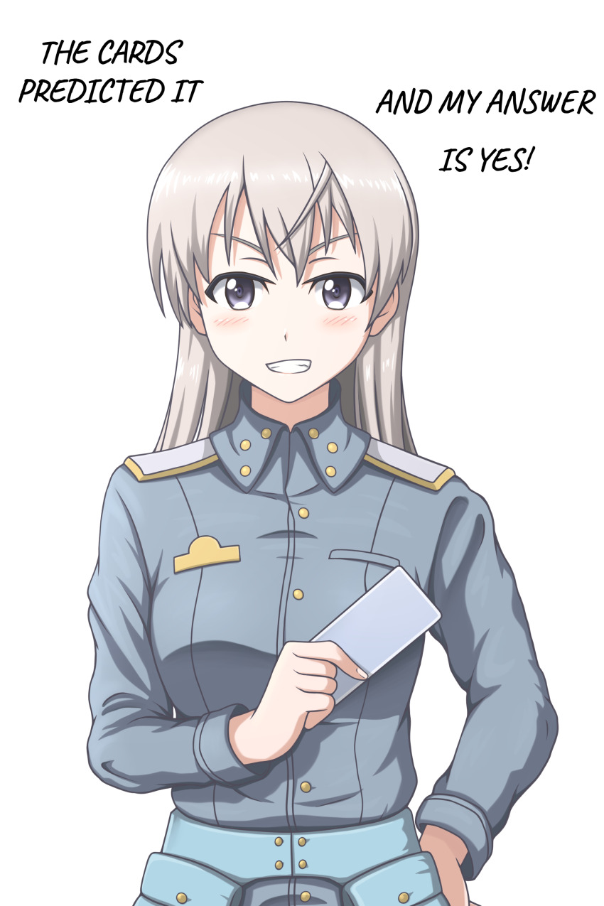 1girl absurdres blue_eyes blush breasts card confession eila_ilmatar_juutilainen grin hand_on_own_hip hattorin highres large_breasts long_hair looking_at_viewer military_uniform playing_card simple_background smile solo strike_witches upper_body white_background white_hair world_witches_series