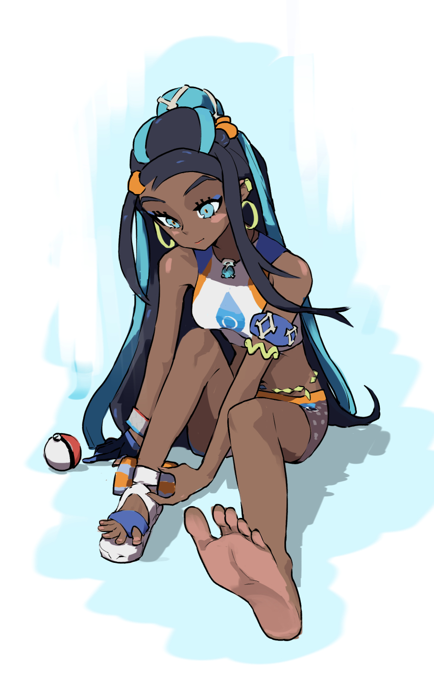 1girl absurdres adjusting_footwear aqua_eyes armpits artist_request bare_shoulders belly_chain bikini bikini_shorts black_hair breasts clenched_hand dark-skinned_female dark_skin dynamax_band ear_piercing earrings eyelashes feet female_focus focused full_body gradient_background gym_leader hair_bun hair_ornament highres hoop_earrings jewelry knee_up light_smile light_soles long_hair looking_down medium_breasts midriff multicolored_hair neck necklace nessa_(pokemon) nintendo outstretched_leg piercing pokemon pokemon_swsh sandals shorts sidelocks single_sandal sitting soles spread_toes streaked_hair swimsuit toenails toes