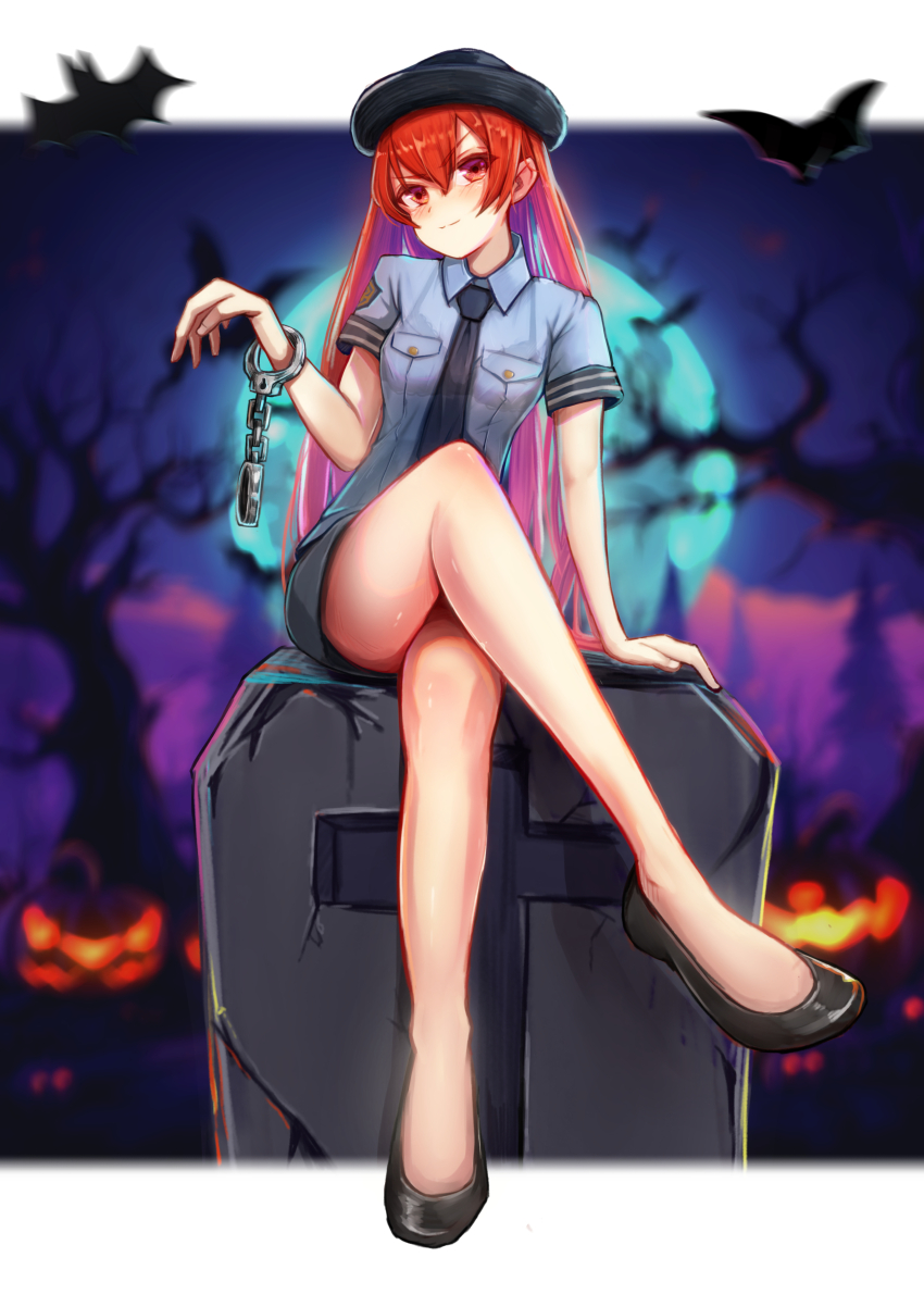 1girl absurdres alternate_universe bat_(animal) black_footwear black_hat black_skirt blue_moon blue_necktie blue_shirt blurry closed_mouth collared_shirt contemporary cross crossed_legs cuffs depth_of_field eris_greyrat feet full_body halloween handcuffs hat head_tilt highres kaneko_ryou knee_up light_blush long_hair looking_at_viewer moon mushoku_tensei necktie police police_hat police_uniform pumpkin red_eyes red_hair shirt sitting skirt solo tombstone very_long_hair