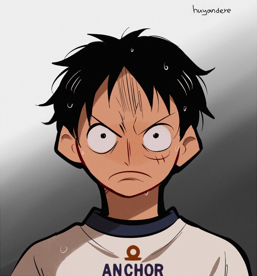 1boy absurdres artist_name black_eyes black_hair closed_mouth glaring gradient_background highres huyandere looking_at_viewer male_focus meme monkey_d._luffy official_style one_piece parody queen_never_cry_(meme) scar scar_on_face scowl serious shade shirt short_hair simple_background solo wet wet_hair white_shirt
