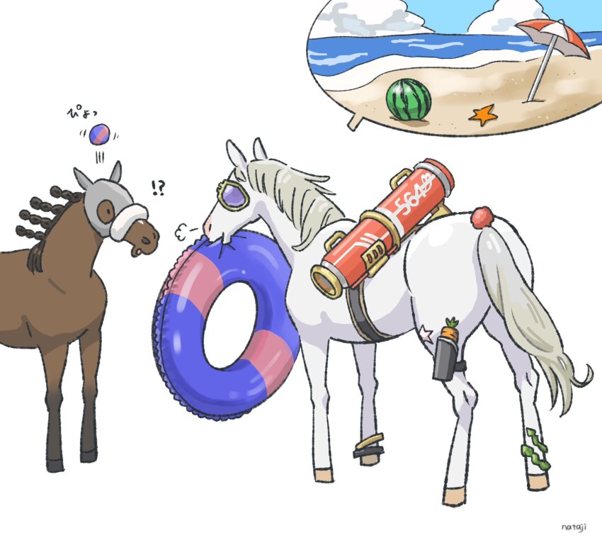 !? artist_name beach carrot commentary cosplay father_and_son food fruit gold_ship_(racehorse) gold_ship_(run_revolt_launcher)_(umamusume) gold_ship_(umamusume) gold_ship_(umamusume)_(cosplay) highres holster hood horse lifebuoy meisho_tabaru_(racehorse) nataji no_humans number_pun ocean parasol real_life sand seaweed sketch sound_effects sound_effects_only spoken_object starfish sunglasses surprised swim_ring thigh_holster umamusume umbrella watermelon
