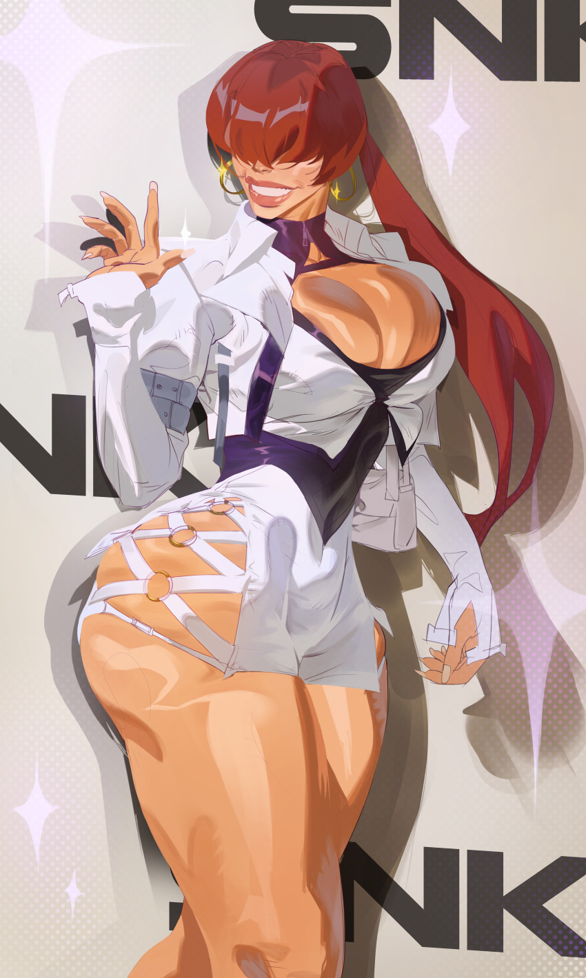 1girl absurdres ass bag breasts cleavage cleavage_cutout clothing_cutout curvy dress earrings female_focus fingernails fishnets highres huge_ass huge_breasts jacket jewelry large_breasts long_fingernails long_hair looking_back ponytail red_hair saigalisk shermie_(kof) shiny_clothes shiny_skin skirt smile smiley_face standing the_king_of_fighters thick_lips thick_thighs thighs tight_clothes tight_dress waving wide_hips